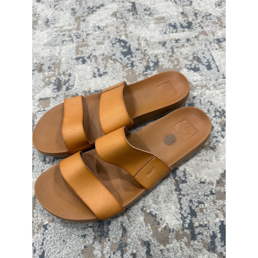 Reef Cushion Vista Tan Synthetic Leather Two Strap Slide Sandals Womens 10